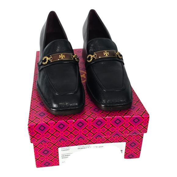 Tory Burch Perrine Heel Loafer Perfect Black Goat Leather Stacked Heel 10.5 NEW - Picture 1 of 12